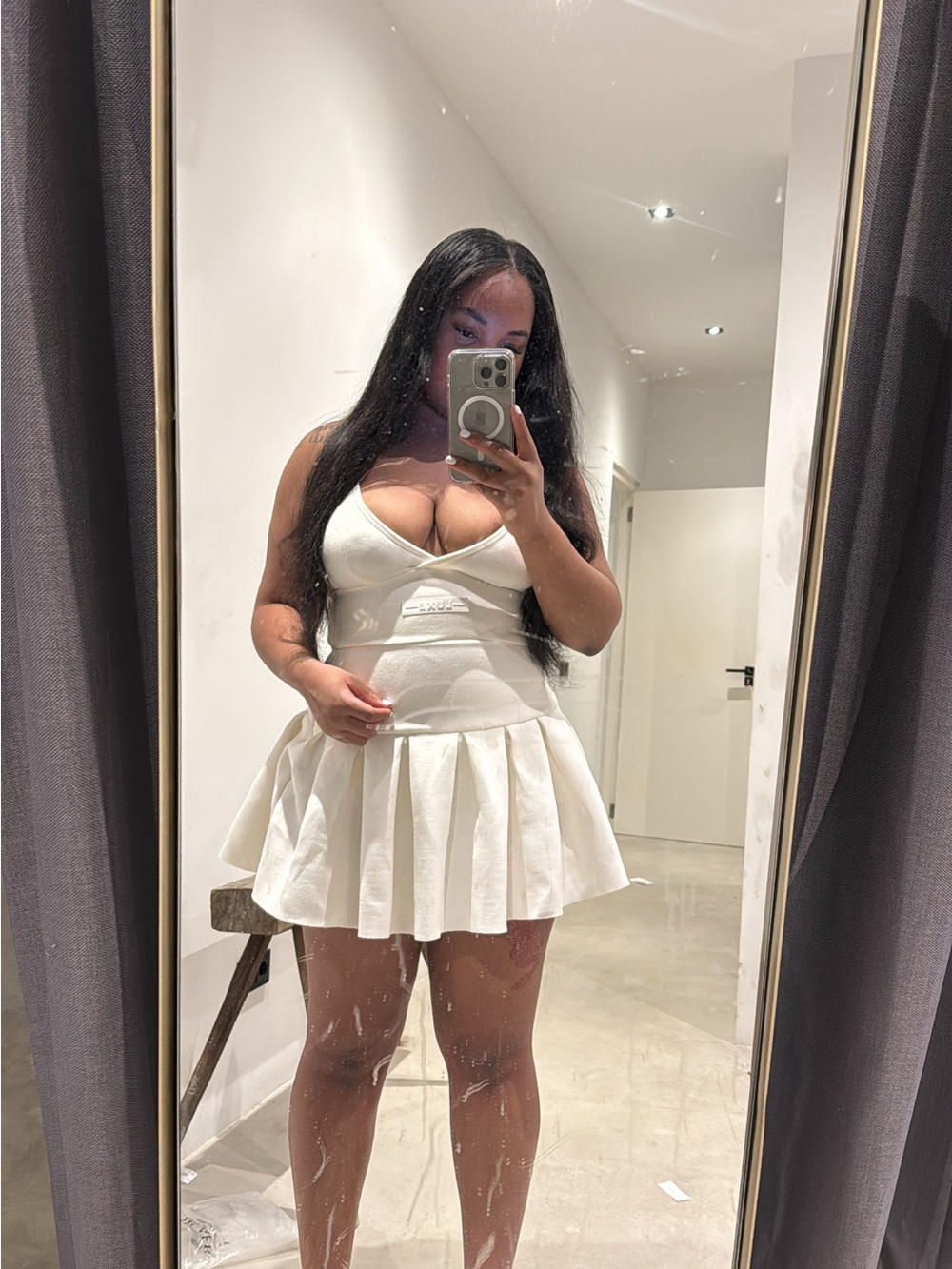 White Pleated Mini Dress with Plunge Neckline